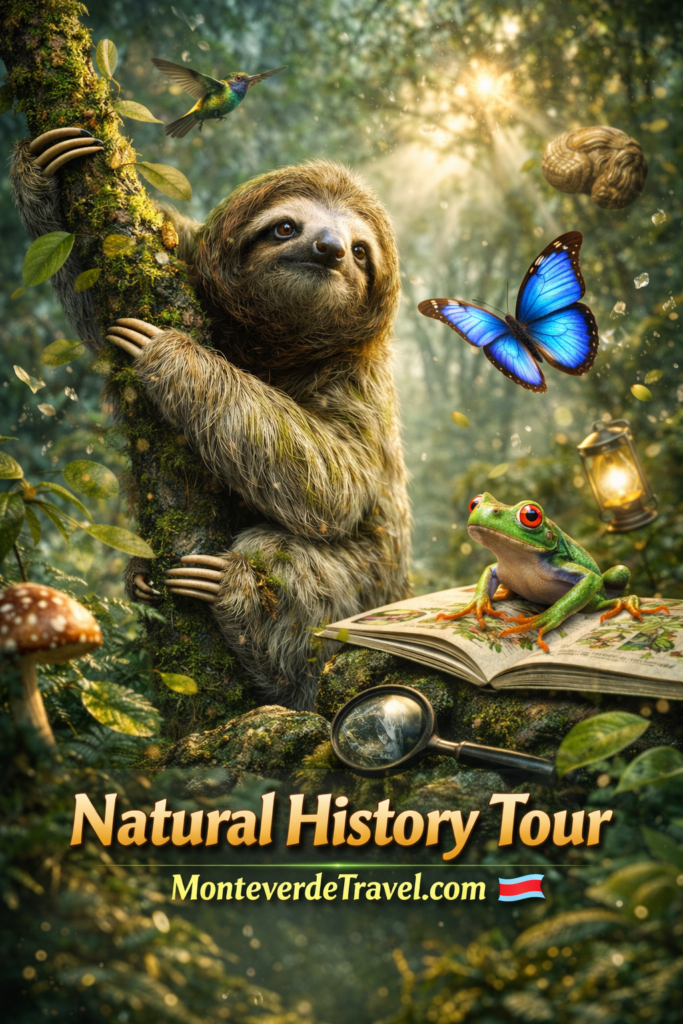 Natural History Tour in Monteverde featuring a three-toed sloth in the cloud forest by MonteverdeTravel.com